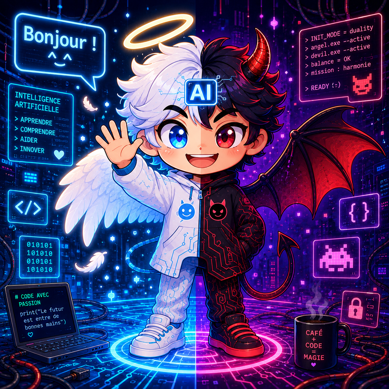 IA mascotte ange et démon disant bonjour